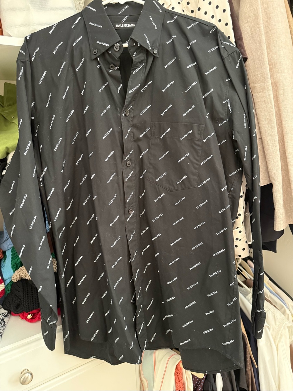 Balenciaga cotton Black Button-Up Shirt with White Logo Print Sz 38 oversized